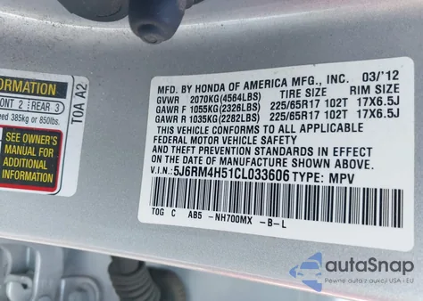2012 Honda Cr-V Ex z USA, uszkodzony, nr VIN 5J6RM4H51CL033606